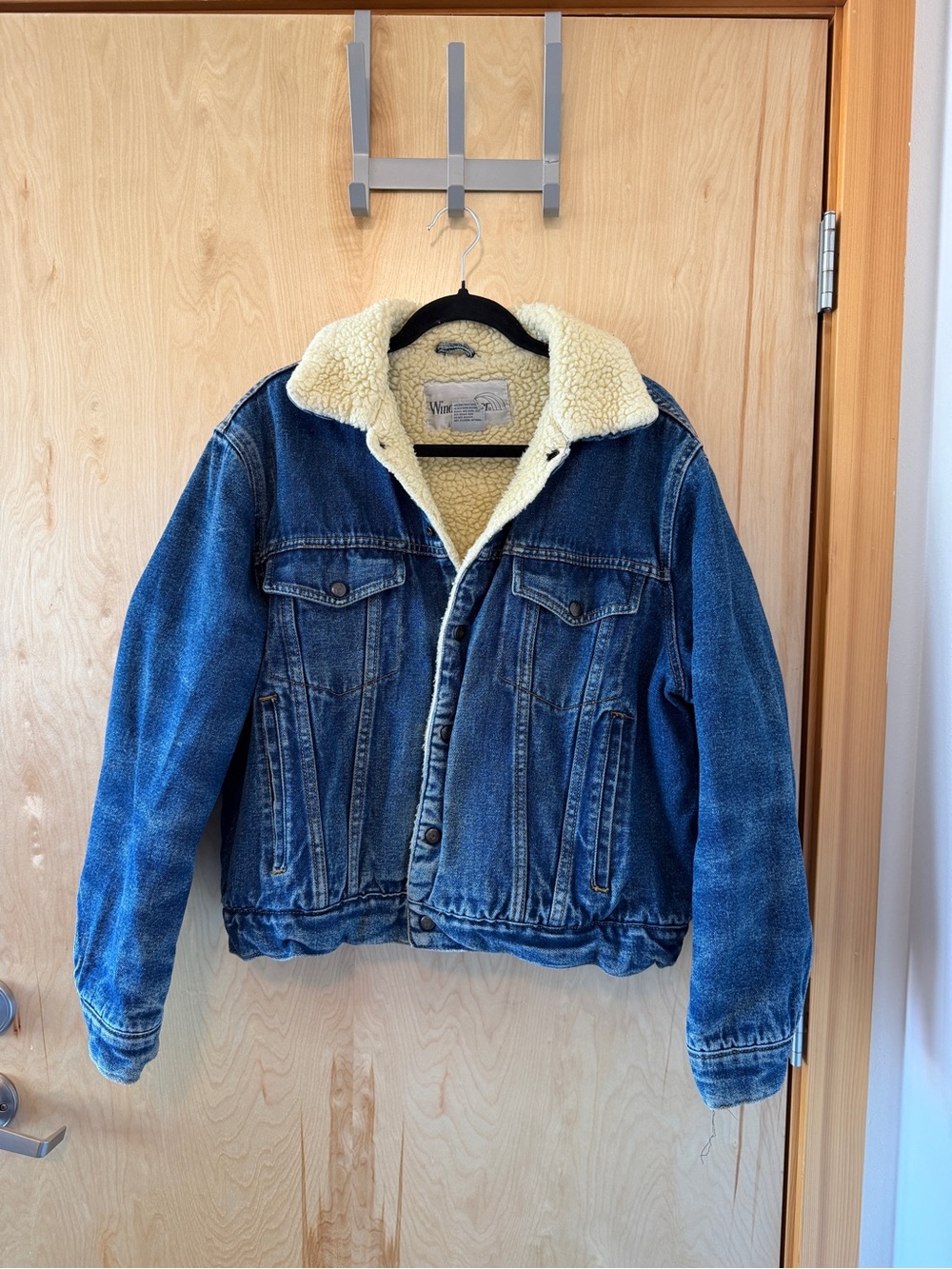 Sherpa-Lined Blue Denim Jacket with Cream Collar